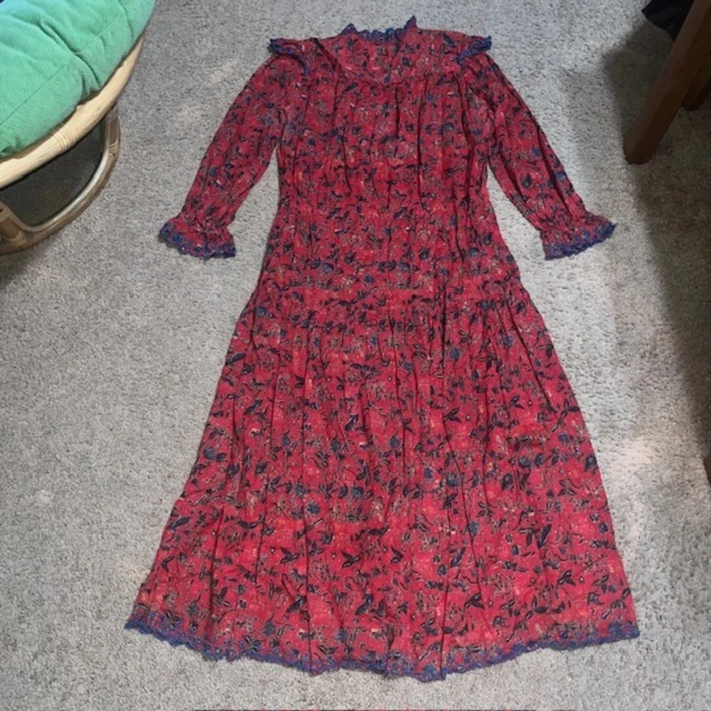 Isabel Marant Etoile Elina Floral Tiered Ruffle‎ Cinched Waist Midi Dress Red 12